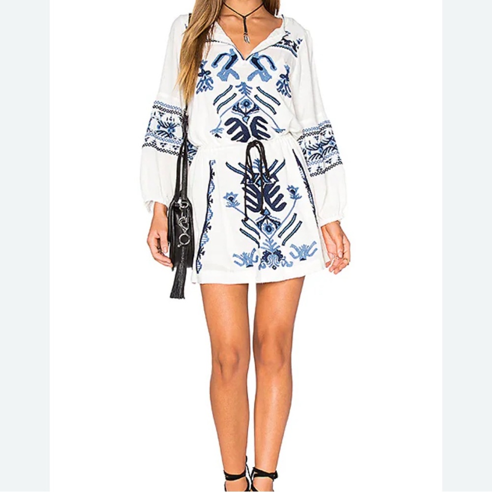 Free People Anouk Embroidered Mini Tunic Dress | Ivory Combo/ Blue | Size S